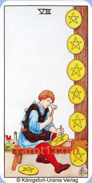 Meaning of Eight of Pentacles from Rider Waite Tarot